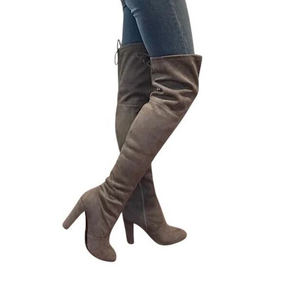 Rue 21 Women Over the Knee Faux Suede Block Heel Boots Tie Brown Gray NEW Size 6 - Picture 2 of 9